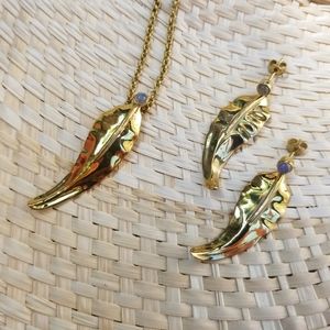 Brass Labradorite pendant leaf pendant necklace earrings set